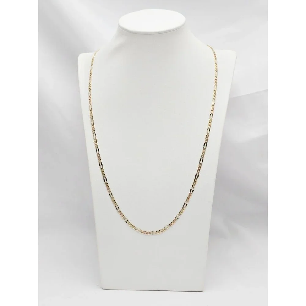 14K Two Tone Multi Color Gold Diamond Cut Figaro Link Chain Necklace - 24.25
